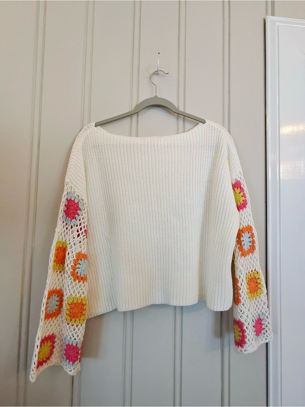 White Crochet-Sleeve large Sweater colorful festival Grannycore knit